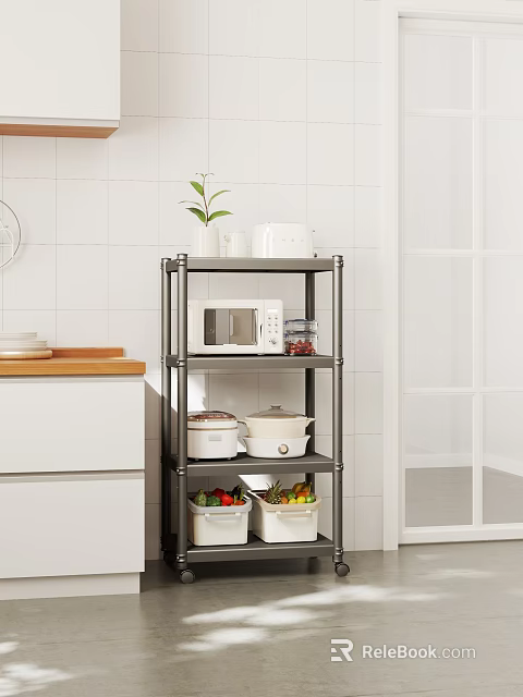 Iron Storage Rack In Modern Kitchen With Microwave Pots Fruits 3d model 