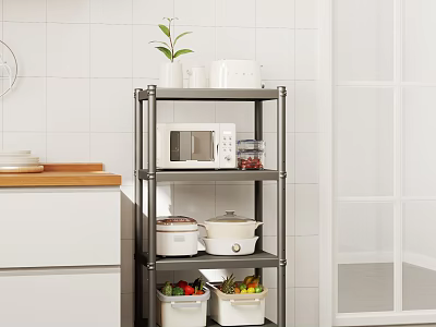 Iron Storage Rack In Modern Kitchen With Microwave Pots Fruits 3d model