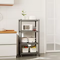 Iron Storage Rack In Modern Kitchen With Microwave Pots Fruits