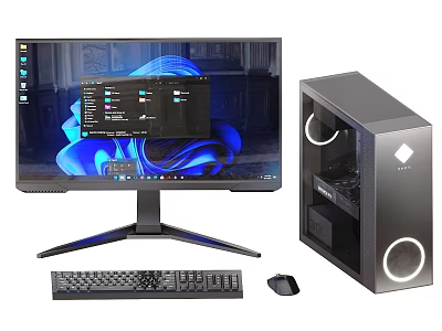 Modern Desktop Computer Setup With Large Monitor Black Tower Keyboard And Mouse 3d model