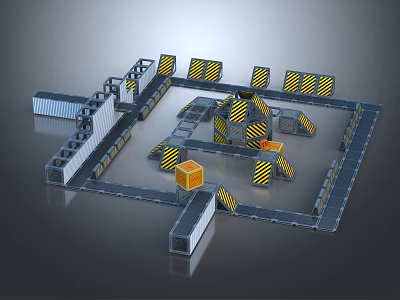 Cartoon Style 3D Obstacle Course Scene With Metal Platforms And Colored Blocks 3d model