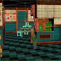 Teal Wall Interior With Checkered Floor Wooden Table Shelves Bottles And Potted Plant