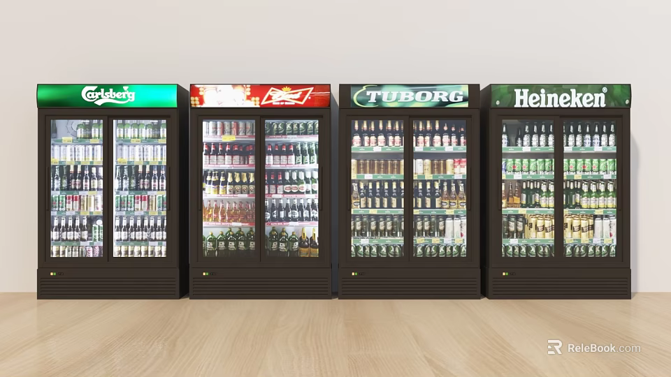 Commercial Display Refrigerators Filled With Various Beverages in Retail Store Interior 3d model