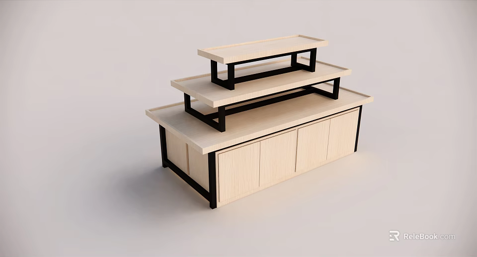 Multi tiered Wooden Display Shelf With Black Frame And Cabinet Base 3d model