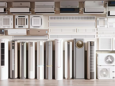Different Air Conditioner Fans Including Wall Mounted Standing and Window Models with Modern Designs 3d model