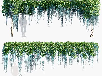 Lush Green Hanging Vines With Cascading Blue Flowers And Person Silhouette Scenic View 3d model