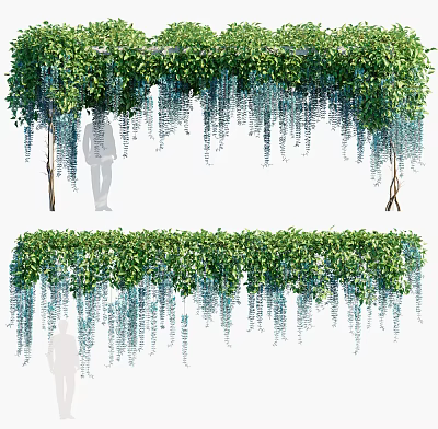 Lush Green Hanging Vines With Cascading Blue Flowers And Person Silhouette Scenic View 3d model