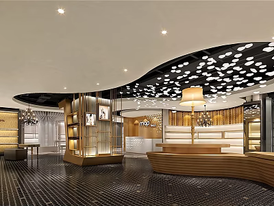 Modern Boutique Store Interior With Wooden Reception Counter Display Shelves And Ceiling Lighting 3d model