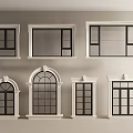 Various Architectural Window Designs With White Frames And Black Glass Panels