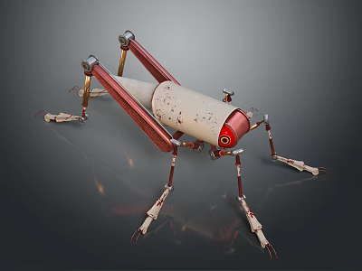 Mechanical Grasshopper Model With Metallic Legs Red Beige Color And Joint Parts 3d model