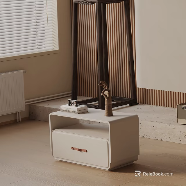 Modern White Bedside Table With Drawer Camera Decorative Sculpture And Wooden Accent In Bedroom 3d model 