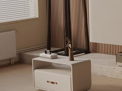 Modern White Bedside Table With Drawer Camera Decorative Sculpture And Wooden Accent In Bedroom 3d model