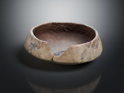 Ancient Ceramic Vessel With Textured Surface And Cracked Bowl Design Isolated On Dark Background 3d model