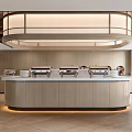 Modern Restaurant Interior With Circular Wooden Counter Warm Lighting And Staff At Reception