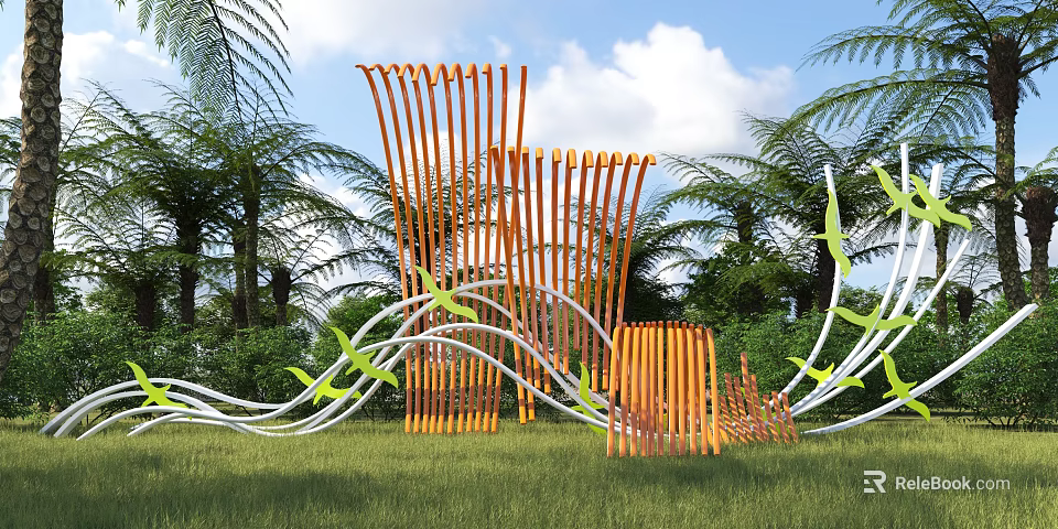 Modern Bamboo Inspired Sculpture With Curved Strips Green Leaf Decorations And Grassland Blue Sky 3d model 