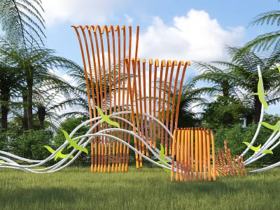 Modern Bamboo Inspired Sculpture With Curved Strips Green Leaf Decorations And Grassland Blue Sky 3d model