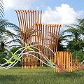 Modern Bamboo Inspired Sculpture With Curved Strips Green Leaf Decorations And Grassland Blue Sky