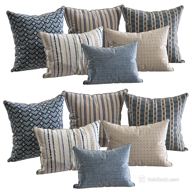 Stylish Throw Pillows With Striped And Geometric Patterns In Blue Beige Neutral Colors 3d model 