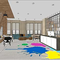 Modern Retail Store Interior With Office Desk Chairs Yellow Sofa And Large Windows