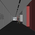 Modern Elevator Hallway With White And Red Walls HOIDER Letters Geometric Patterns And Person Walking