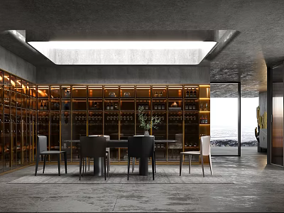 Modern Restaurant Interior With Wine Racks Dining Table Chairs Ceiling Light And Sea View 3d model