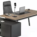 Modern Office Desk Setup With Computer Black Chair Filing Cabinet And Lamp
