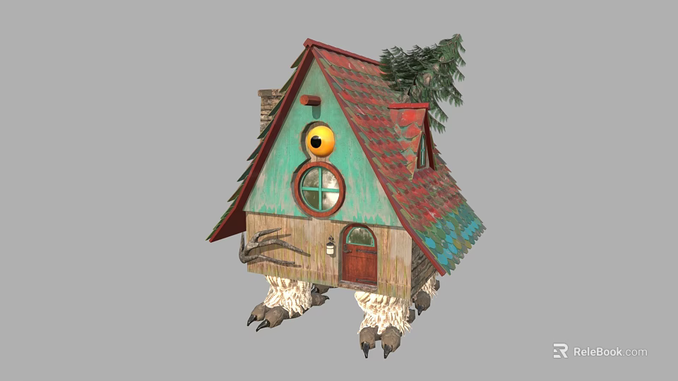 Cartoon Style House With Red Roof Green Walls Round Window Claw Legs And Pine Tree 3d model 