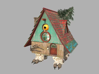 Cartoon Style House With Red Roof Green Walls Round Window Claw Legs And Pine Tree 3d model