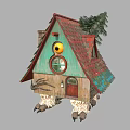 Cartoon Style House With Red Roof Green Walls Round Window Claw Legs And Pine Tree