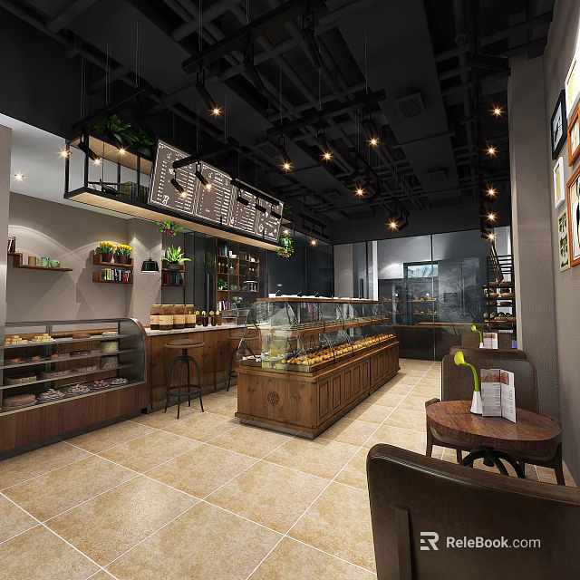 Modern Dessert Shop Interior With Glass Display Cases Fresh Desserts Wooden Counter And Seating Area 3d model 