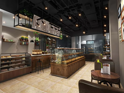 Modern Dessert Shop Interior With Glass Display Cases Fresh Desserts Wooden Counter And Seating Area 3d model