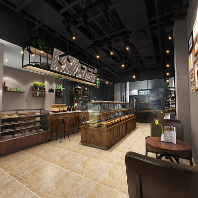 Modern Dessert Shop Interior With Glass Display Cases Fresh Desserts Wooden Counter And Seating Area 3d model