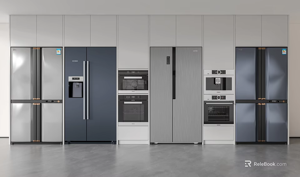 Modern Refrigerators And Freezers In Silver Blue Stainless Steel Showroom 3d model 