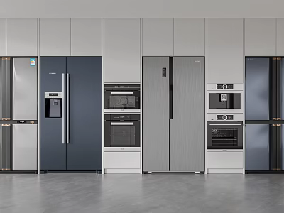 Modern Refrigerators And Freezers In Silver Blue Stainless Steel Showroom 3d model