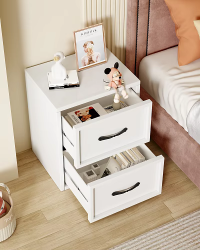 White Bedroom Cabinet with Drawers Containing Books Magazines and Top Decorations like Doll Photo Frame 3d model