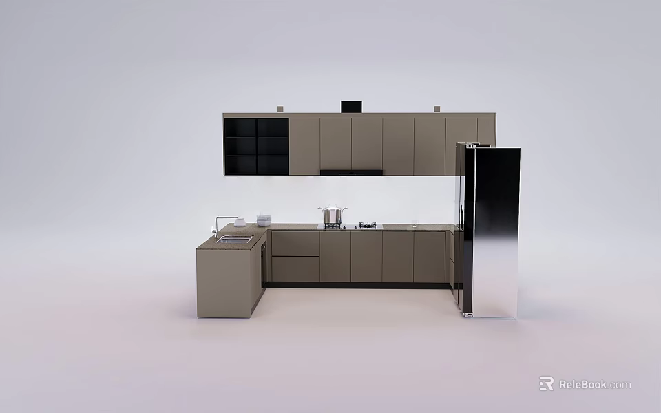Modern Kitchen Interior With Upper Lower Cabinets Countertop And Stainless Refrigerator 3d model