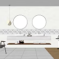 Modern Minimalist Bathroom Vanity With Double Round Mirrors Geometric Patterned Tiles And Natural Light