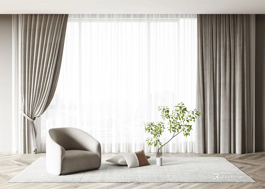 Light Gray Curtains With Sheer White Panels Armchair And Green Plant In Bright Living Room 3d model 
