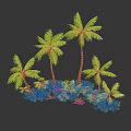 Several Palm Trees Surrounded by Green Foliage on Black Background with Reflection 3d model