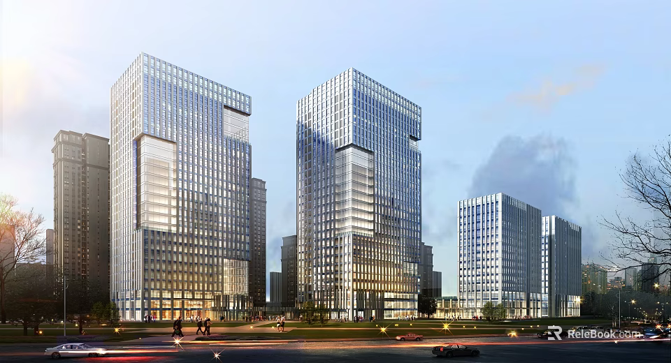 Modern High Rise Office Building Featuring Glass Curtain Wall In Urban Setting With Road And Landscaping 3d model 