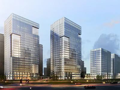 Modern High Rise Office Building Featuring Glass Curtain Wall In Urban Setting With Road And Landscaping 3d model