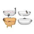 Various Style Bathtubs Including Wooden Barrel And White Freestanding With Faucet Towel And Tile Wall