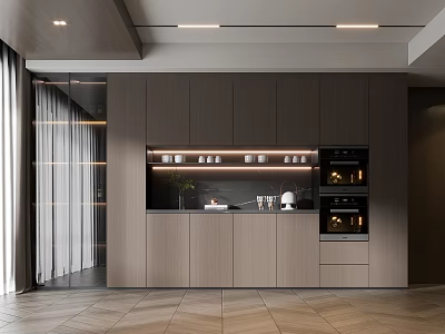 Modern Wine Cabinet Design With Wooden Finish Built in Lighting And Kitchen Storage 3d model