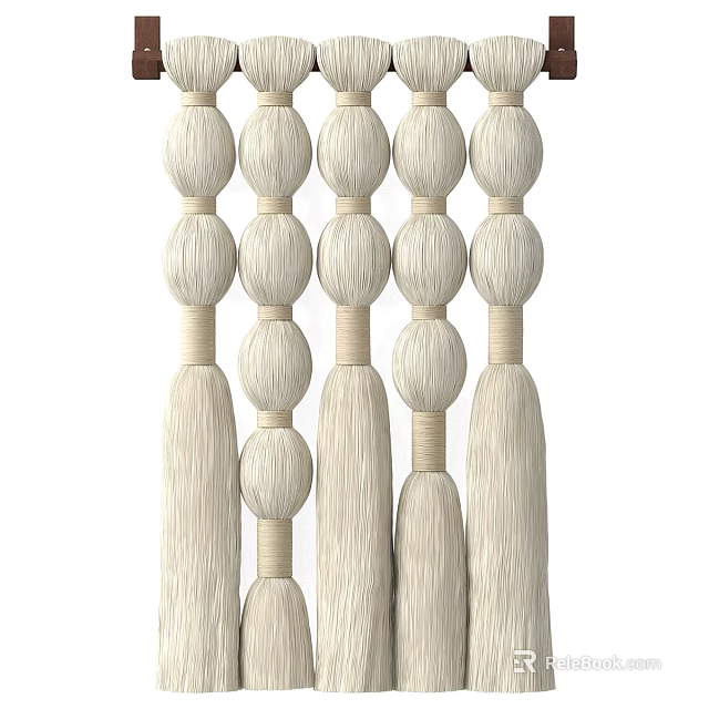 Beige Handwoven Tassel Pendants With Spherical Beads And Fringed Ends For Modern Home Decor 3d model 