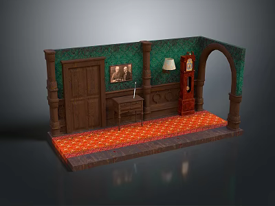 Vintage Interior Scene With Green Walls Wooden Door Red Patterned Carpet Grandfather Clock Table Lamp 3d model