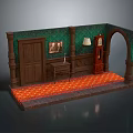 Vintage Interior Scene With Green Walls Wooden Door Red Patterned Carpet Grandfather Clock Table Lamp