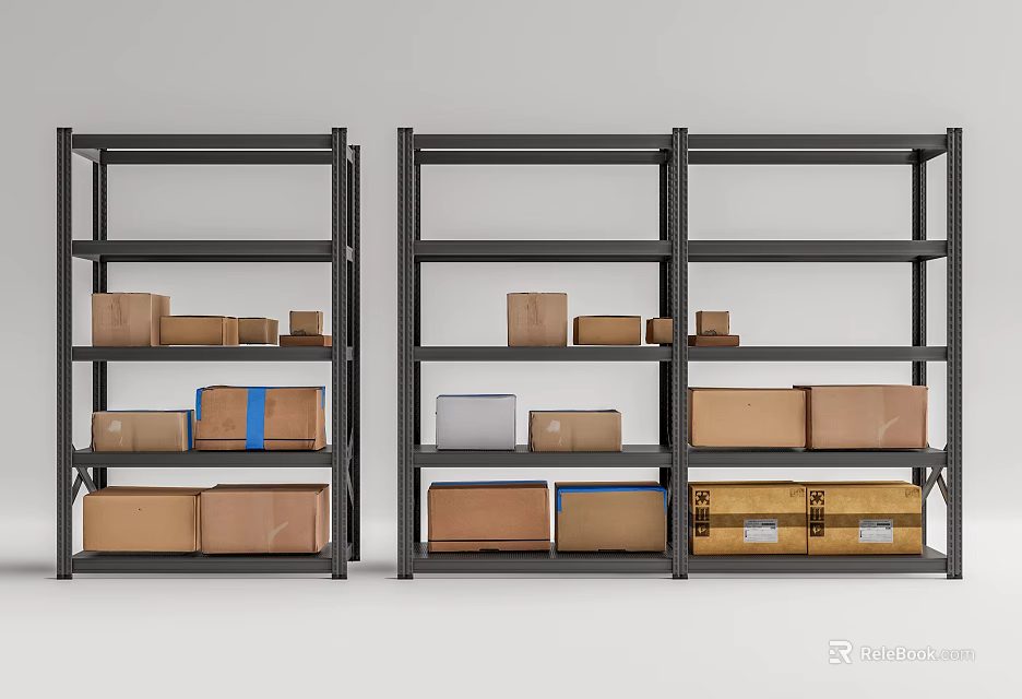 Black Metal Multi Tier Storage Racks Loaded With Various Cardboard Boxes 3d model 