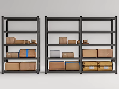 Black Metal Multi Tier Storage Racks Loaded With Various Cardboard Boxes 3d model