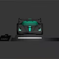 Futuristic Gray Race Car With Teal Accents And Neon Lights On Display Stand