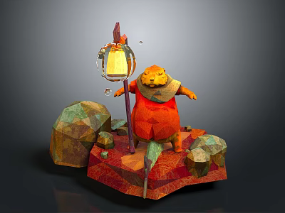 Orange Animated Game Character Holding Lantern With Polygonal Rocks On Colorful Base 3d model